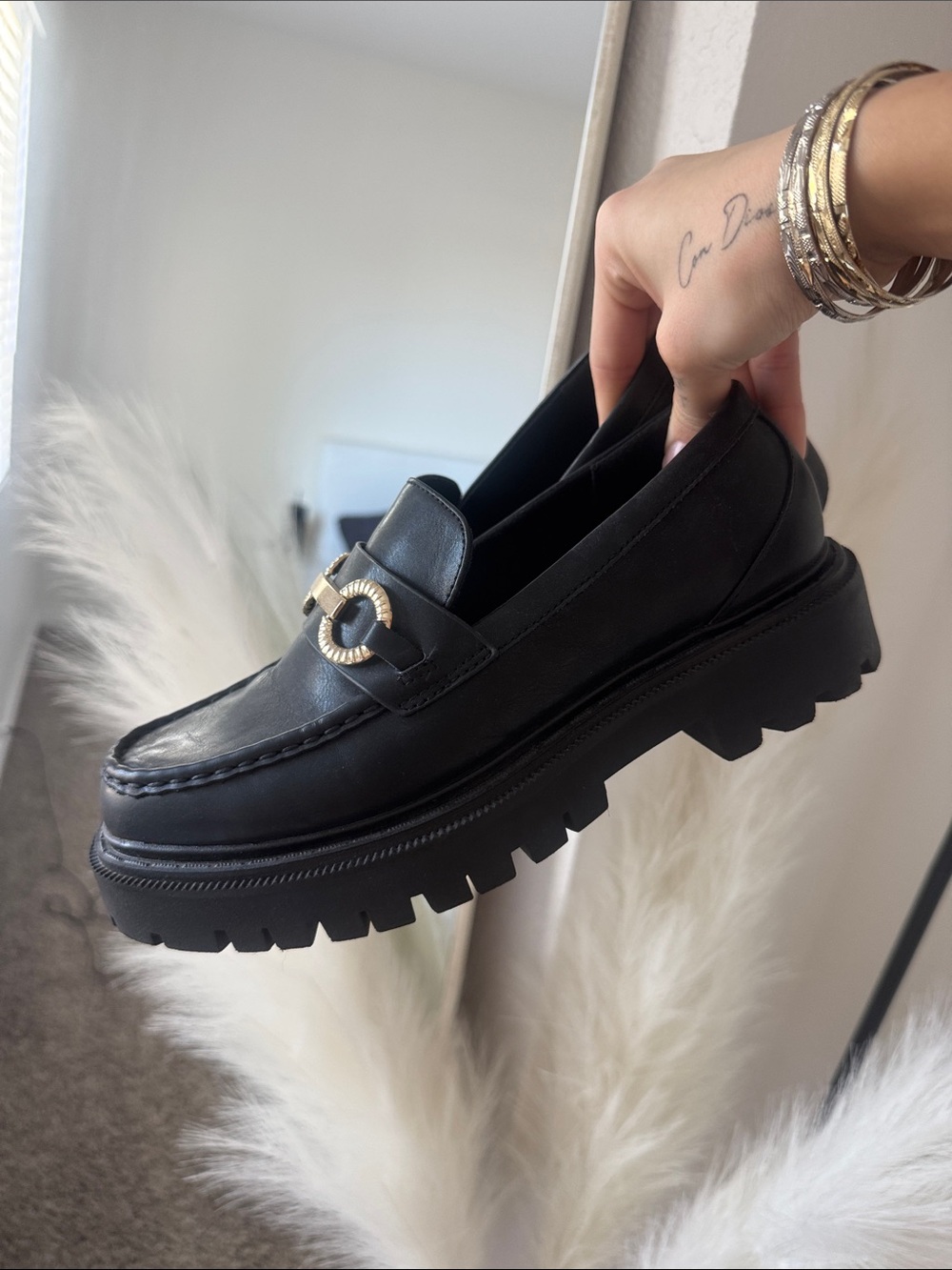 Aldo Black Leather Lug Sole Loafers with Gold Chain Bit - Picture 2 of 3